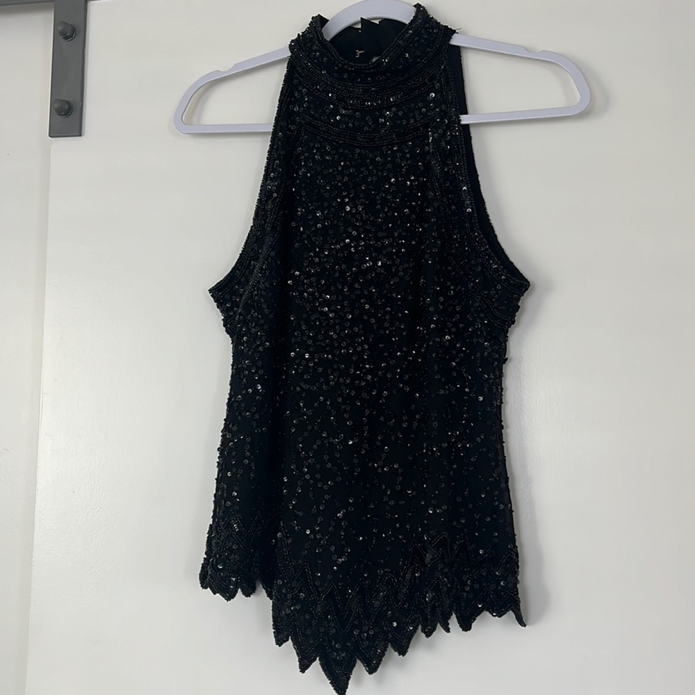 Vintage Beaded Sleeveless Halter Top Silk Black MEDIUM Fancy Embellished